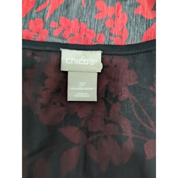 Chico's Red Black Floral Long Sleeve Sheer Ruffle Button Size 3P XL Petite - Picture 2 of 12